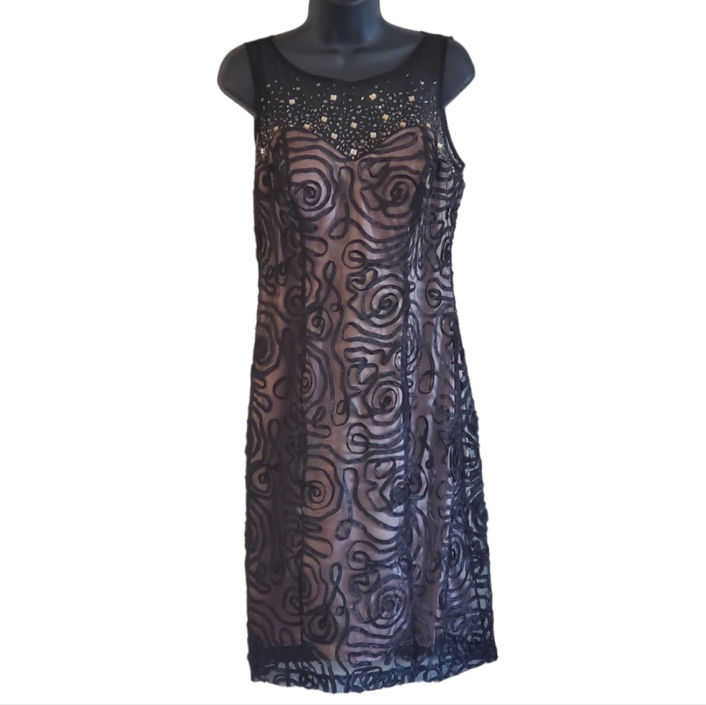 Ignite Evening Black and Tan Lined Dress With Beaded Illusion Neckline Size 10 - Picture 3 of 15